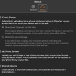iPhone Photos iCloud settings showing "Optimize iPhone Storage" option, related to potential download issues when drawing on photos.