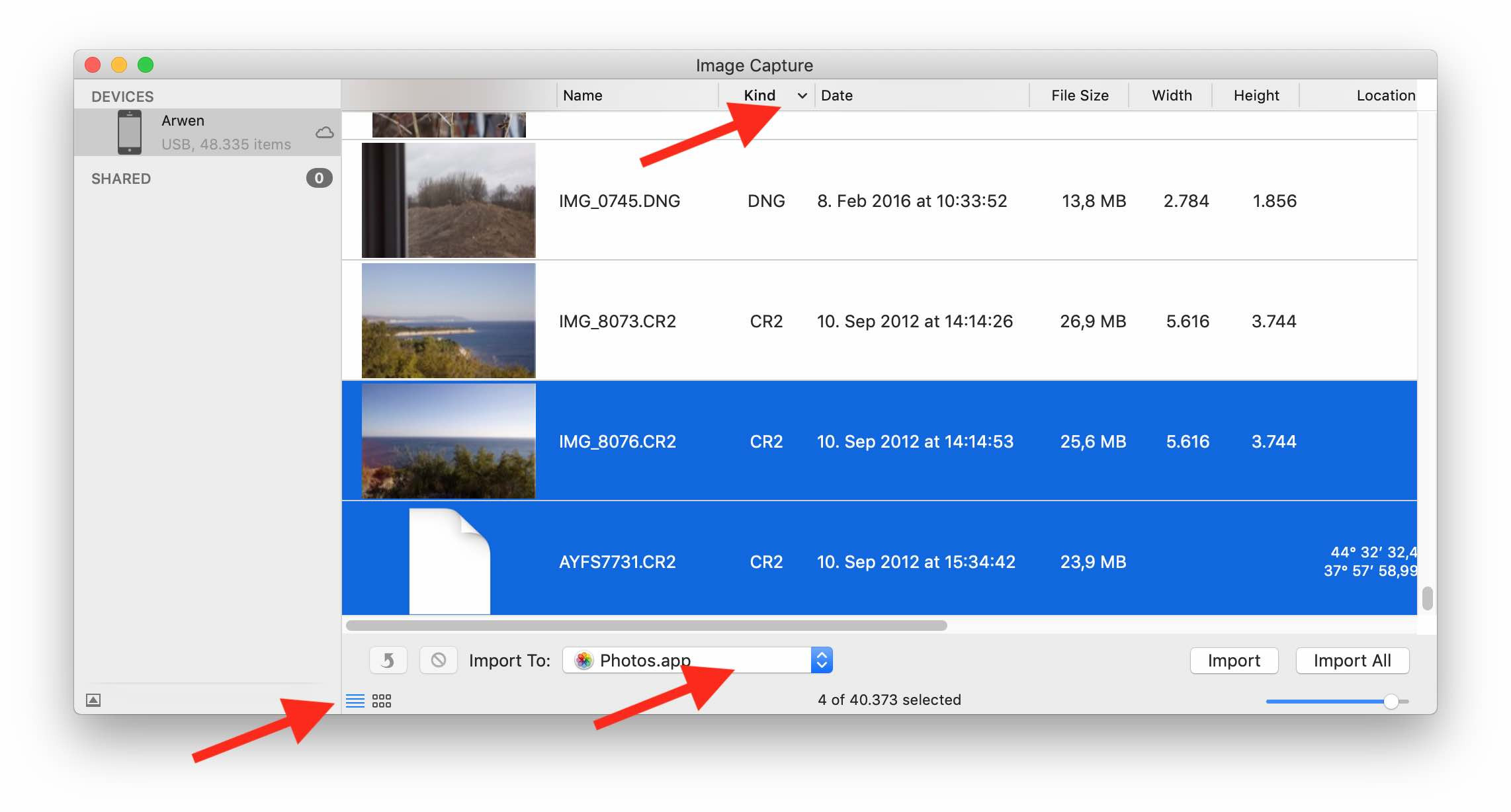 Image Capture on Mac showing how to filter by file type