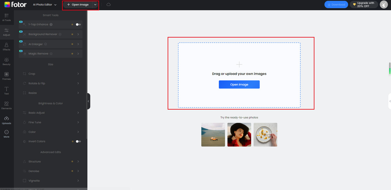 Fotor interface with upload photo option highlighted