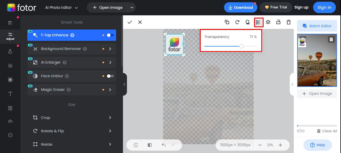 Fotor interface showing logo adjustment tools for resizing and opacity