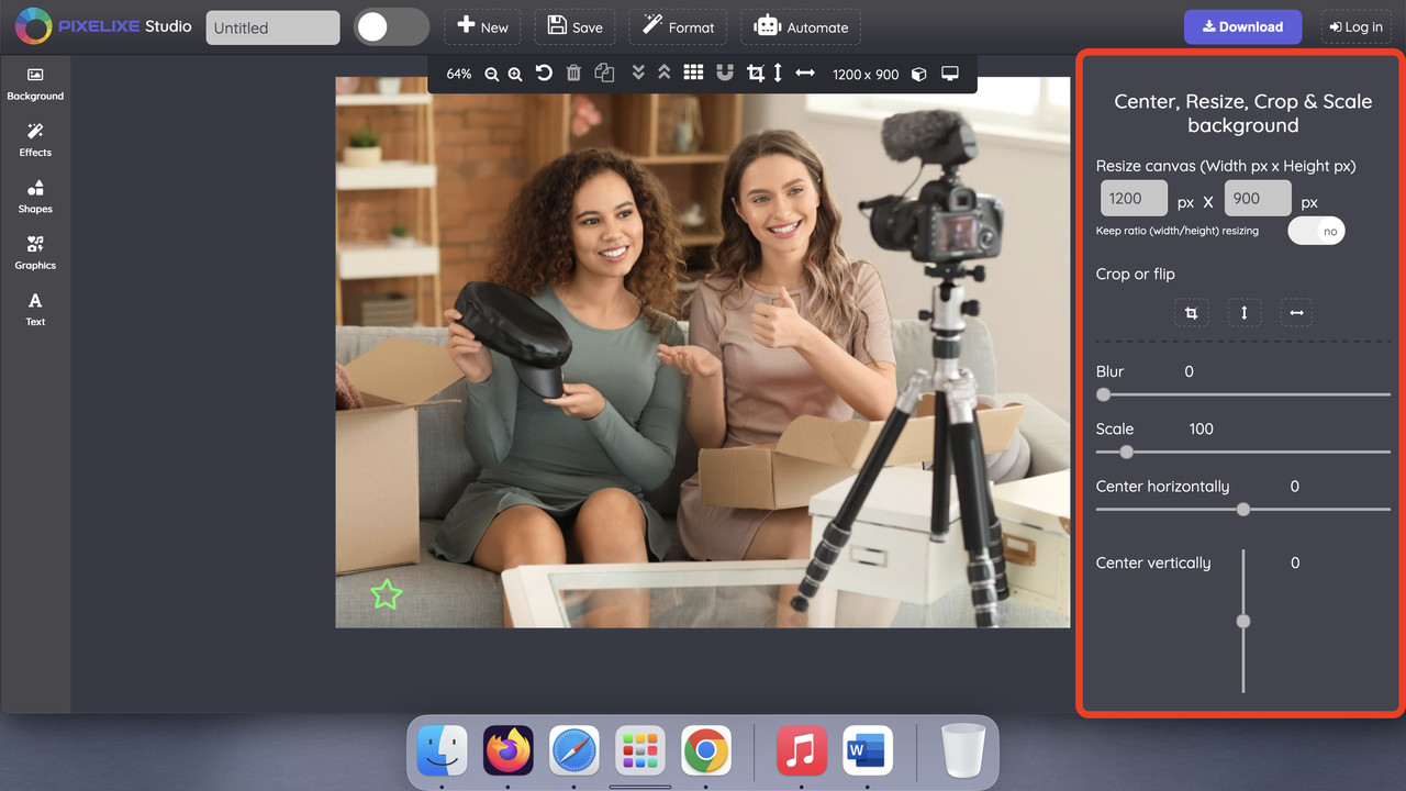 Pixelixe interface showing logo positioning and editing options