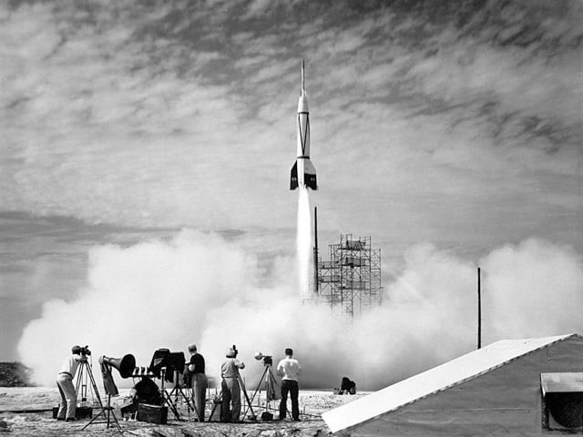 First photograph of a Cape Canaveral rocket launch, showing photographers documenting the Bumper 2 launch in 1950