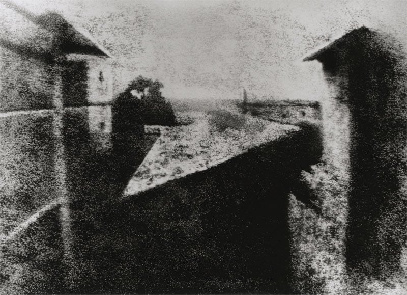 Rooftop view from Nicéphore Niépce's estate, captured in the world's first photograph