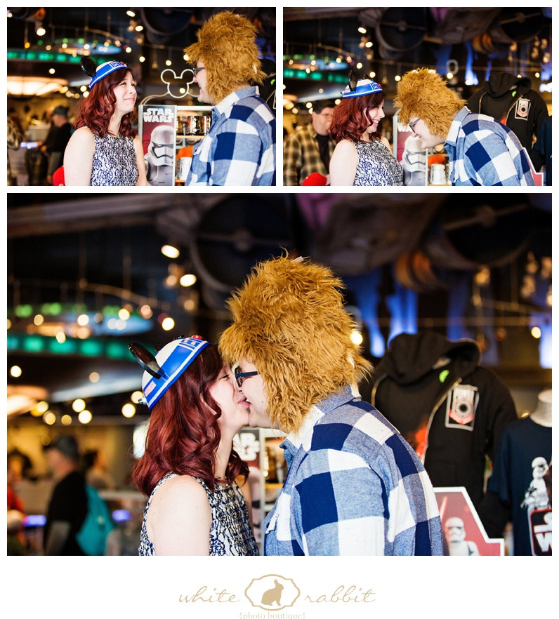 A bride reacts with surprise and laughter as she sees her groom dressed as Chewbacca.