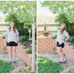 Side-by-side comparison showing the difference posing makes for a thinner look in photos. On the left, standing straight facing the camera; on the right, posed at an angle, knee bent, arms away from body.