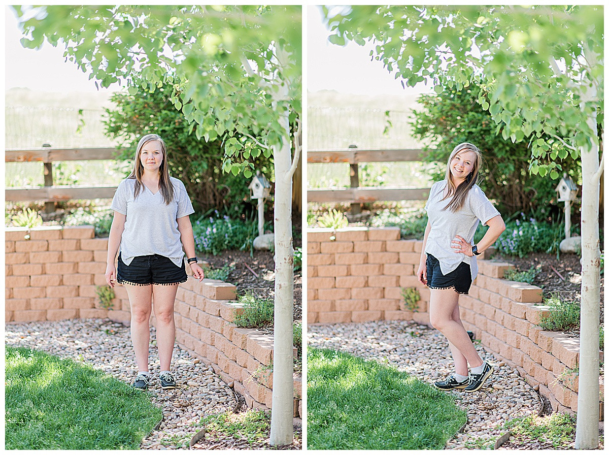 Side-by-side comparison showing the difference posing makes for a thinner look in photos. On the left, standing straight facing the camera; on the right, posed at an angle, knee bent, arms away from body.