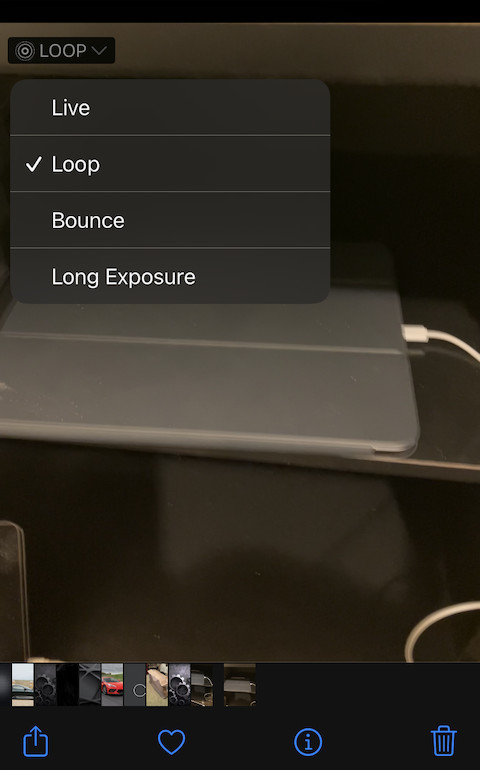 iPhone Photos app showing Live Photo effects Loop and Bounce, required for GIF export.
