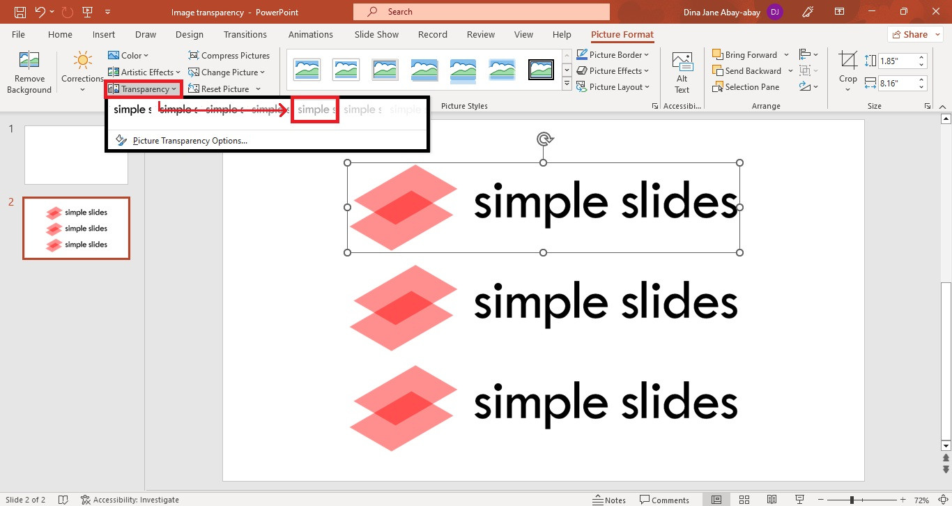 Selecting the desired transparency level from the dropdown menu.
