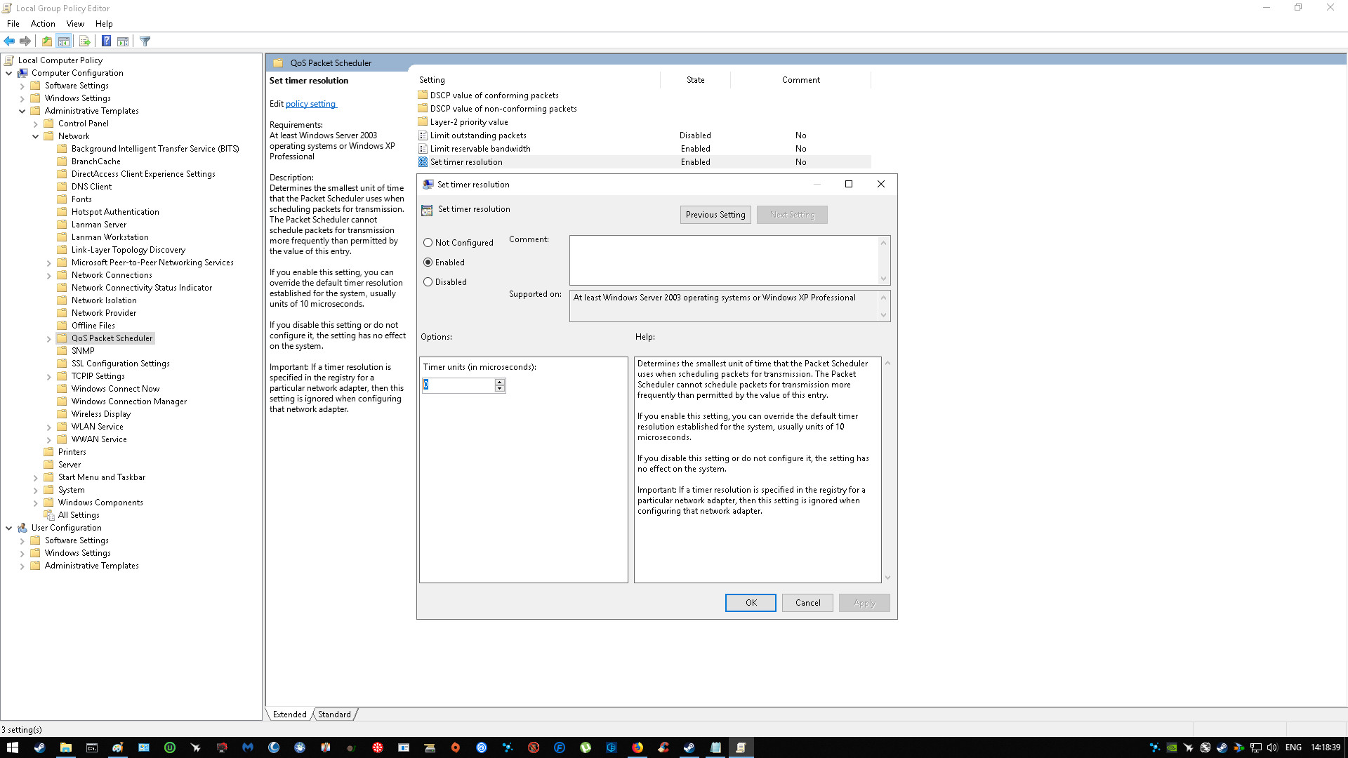 GPEDIT setting for Multimedia Class Scheduler, enabling it for prioritized network traffic management for multimedia applications.