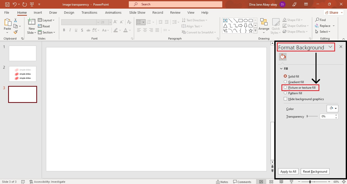 Choosing the Picture or texture fill option in the Format Background pane.