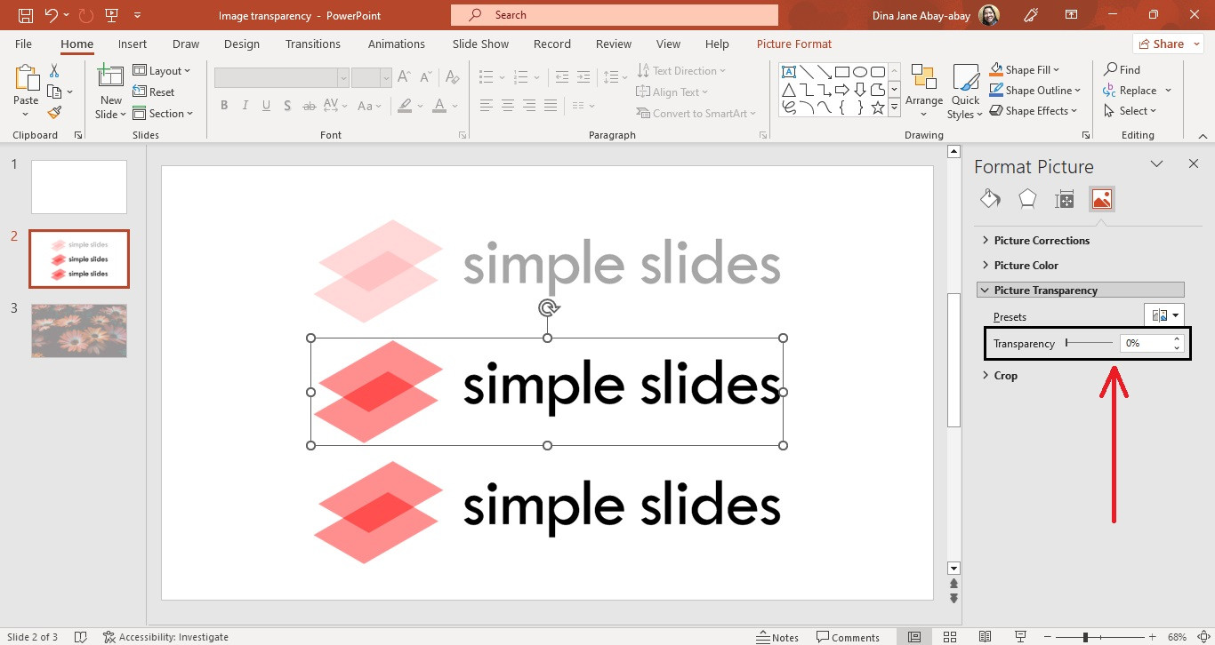 Adjusting the transparency slider in PowerPoint.