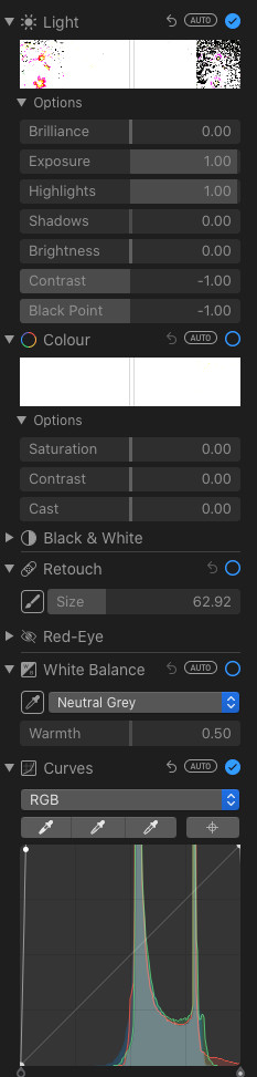 Screenshot of image editing settings used to create a blank white image for side-by-side photo printing, showing adjustments for exposure, highlights, contrast, and curves.