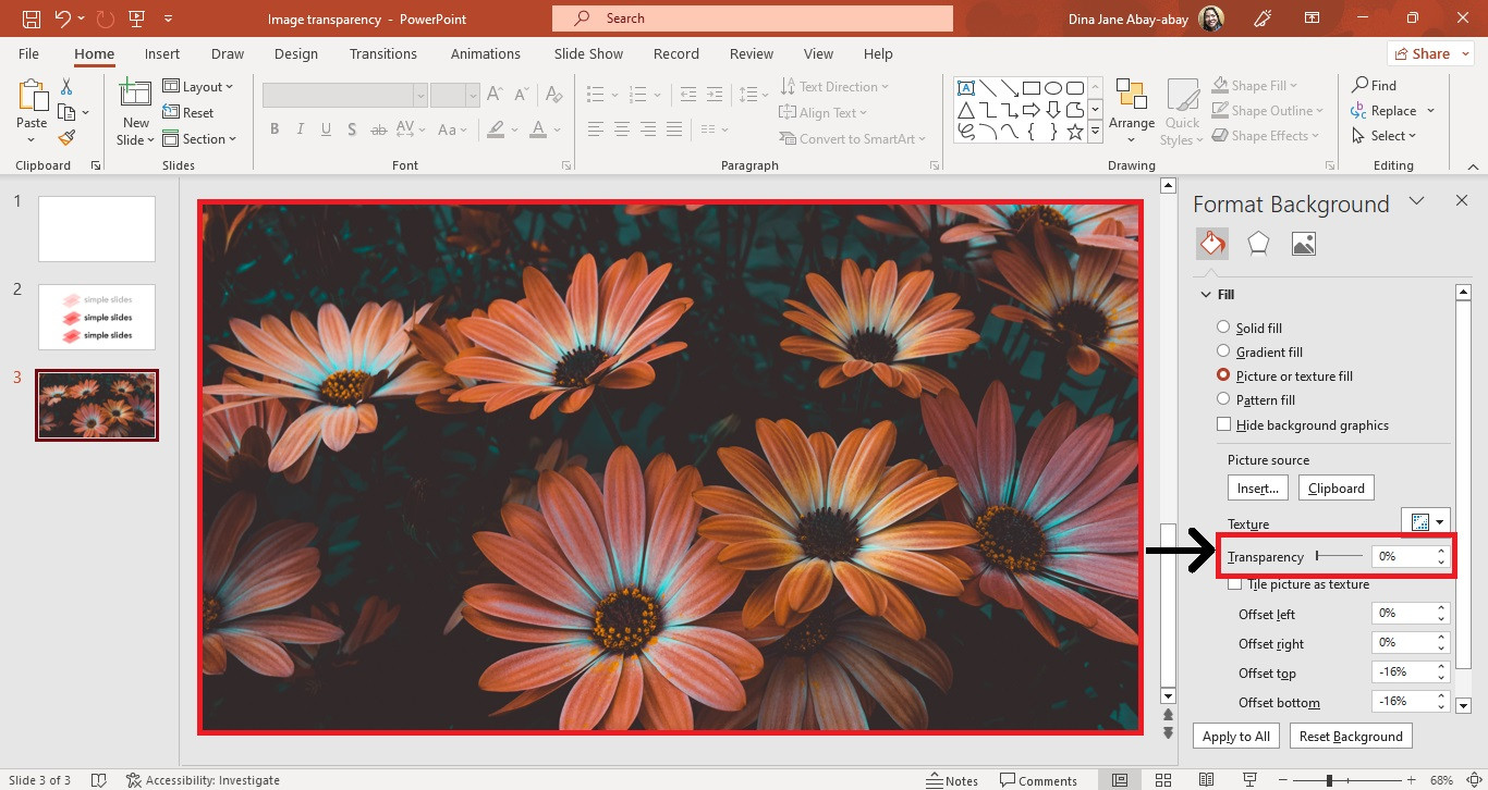 Adjusting the transparency slider for the background image.