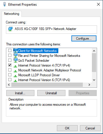 Network adapter configuration settings, accessible through the Configure button in Ethernet properties for advanced adjustments.