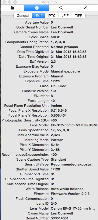 Screenshot of Preview's info window with the Exif tab selected