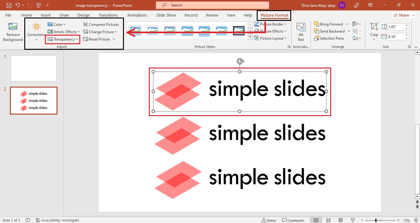 Accessing the Picture Format tab in PowerPoint.