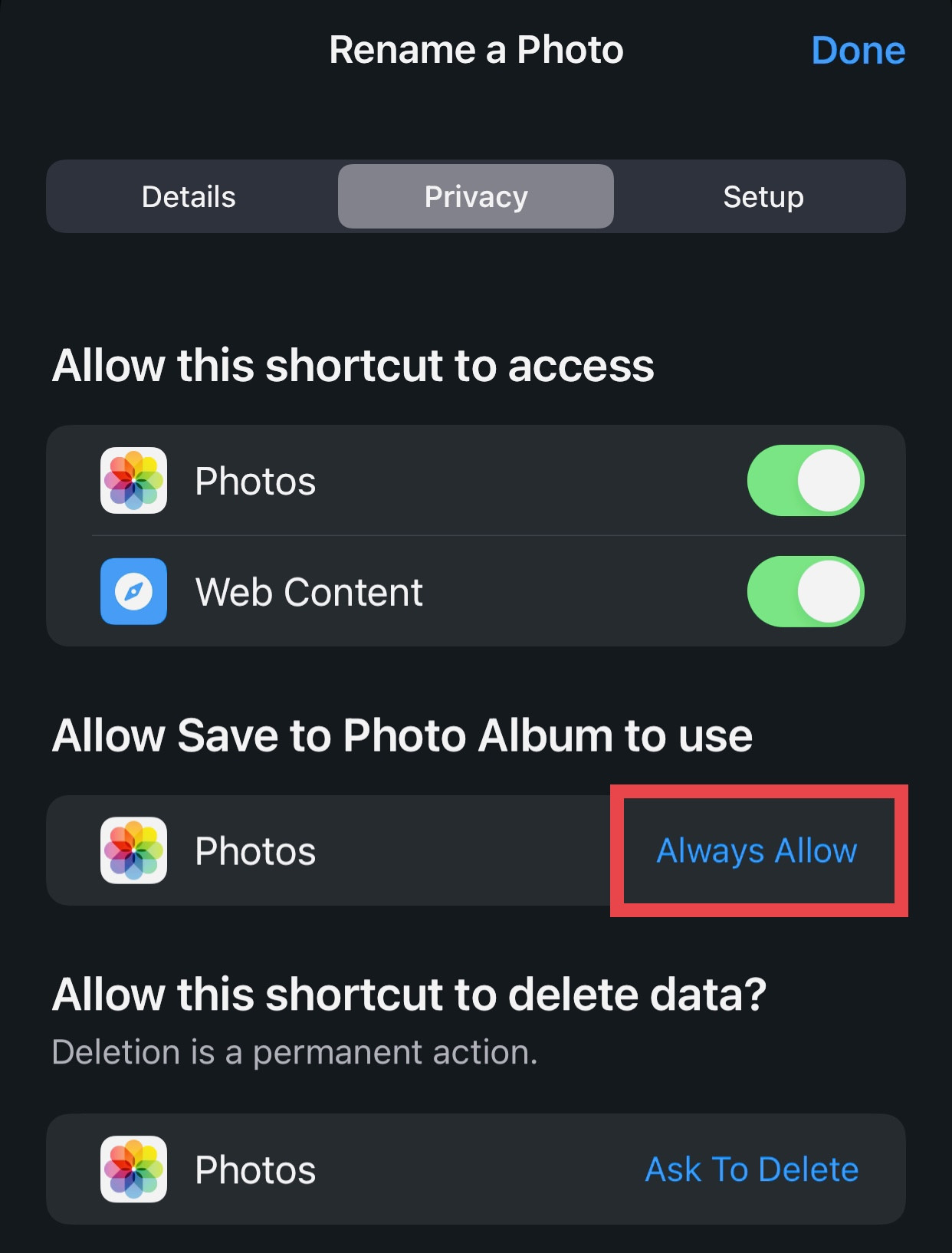 Shortcut Privacy Settings on iPhone