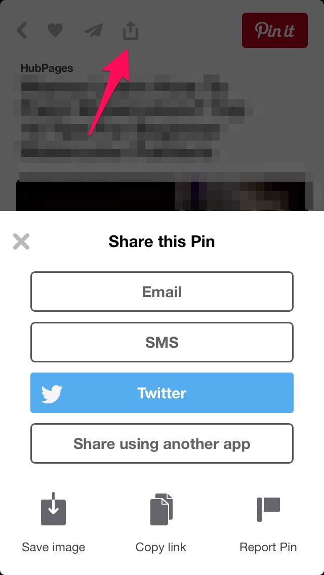 Pinterest share button on iPhone, showing options to share or save