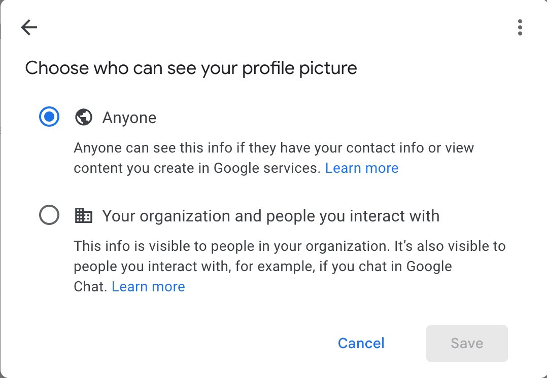 Visibility settings for profile picture in Google Workspace