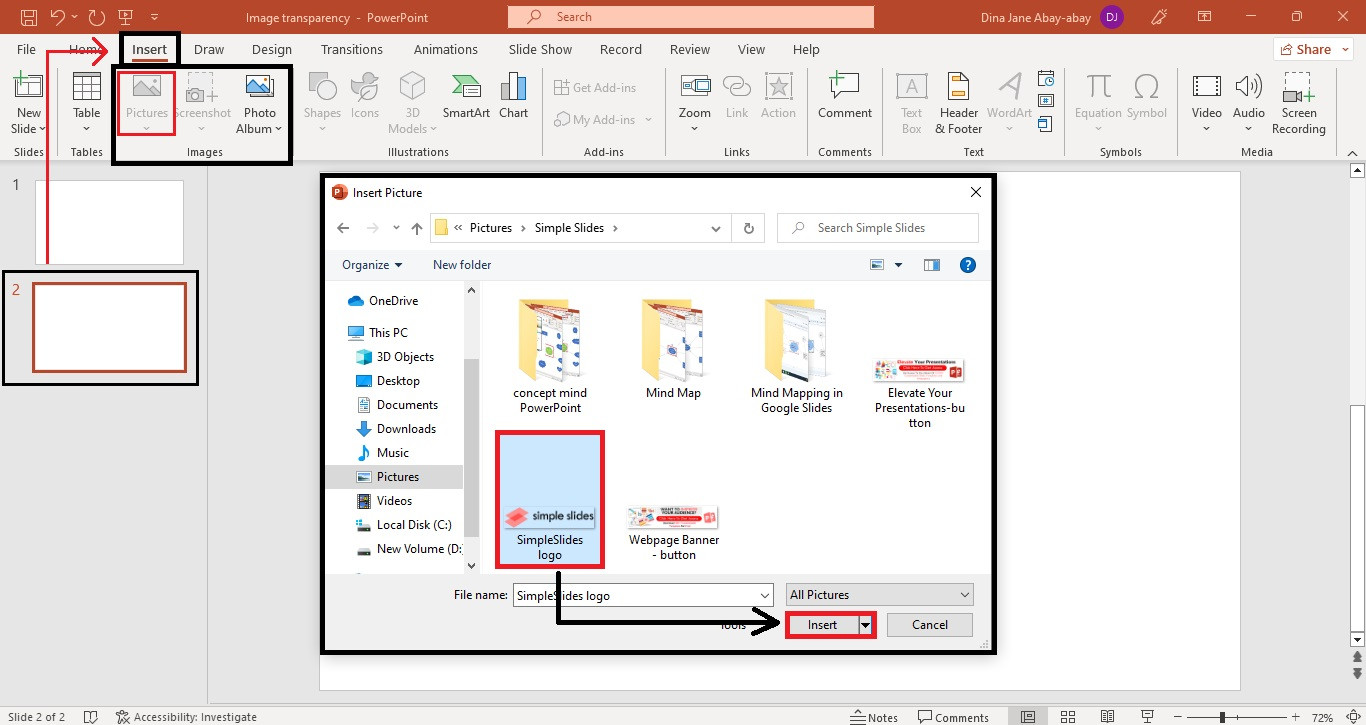 Inserting a picture in PowerPoint via the Insert tab.