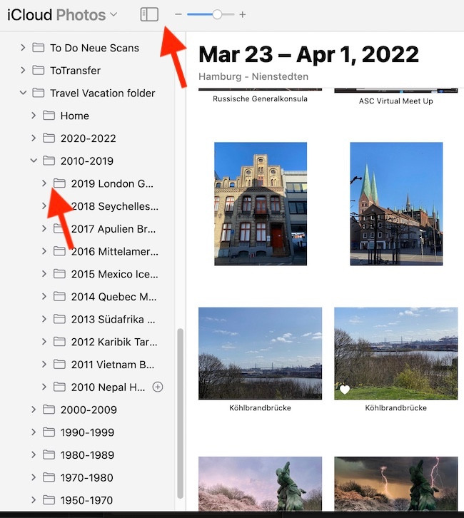 Screenshot showing how to create smart albums in Apple Photos on Mac, a suggested workaround for organizing iCloud photos by date.