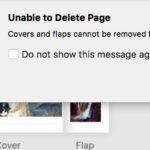 Error message "unable to delete page: covers and flaps cannot be removed from books" displayed in Shutterfly, appearing when attempting to delete a photo from the flap in "All Pages" view, highlighting the need to double-click the page for individual photo selection and deletion.