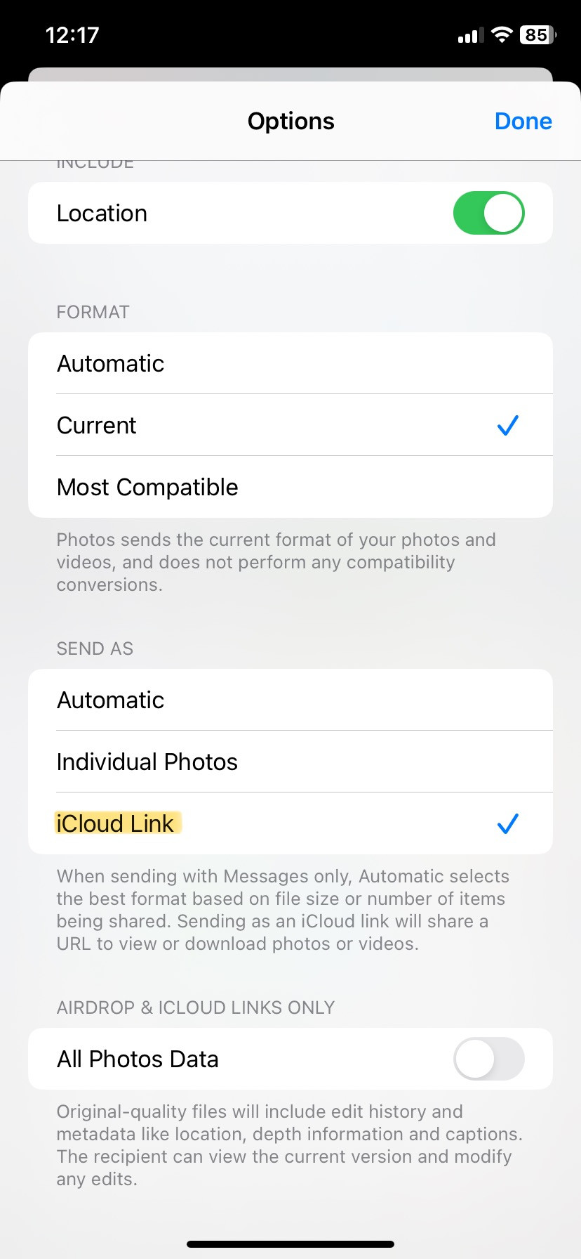 Sharing photos via iCloud Link on iPhone, showing the 'Options' menu and 'iCloud Link' selection.