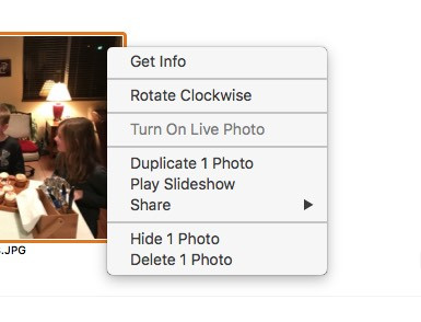 Contextual menu for a photo in Photos app, showing rotate options