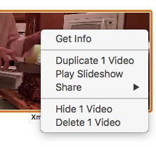 Contextual menu for a video in Photos app, lacking rotate options