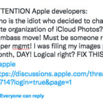 Screenshot of iCloud Photos interface showing a long list of photos without date grouping, illustrating the user's complaint about the lack of organization.