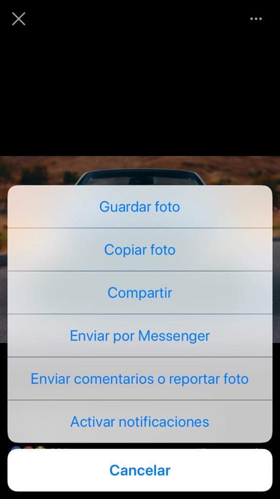 Facebook mobile screenshot showing &quot;Copiar foto&quot; (Copy Photo) option