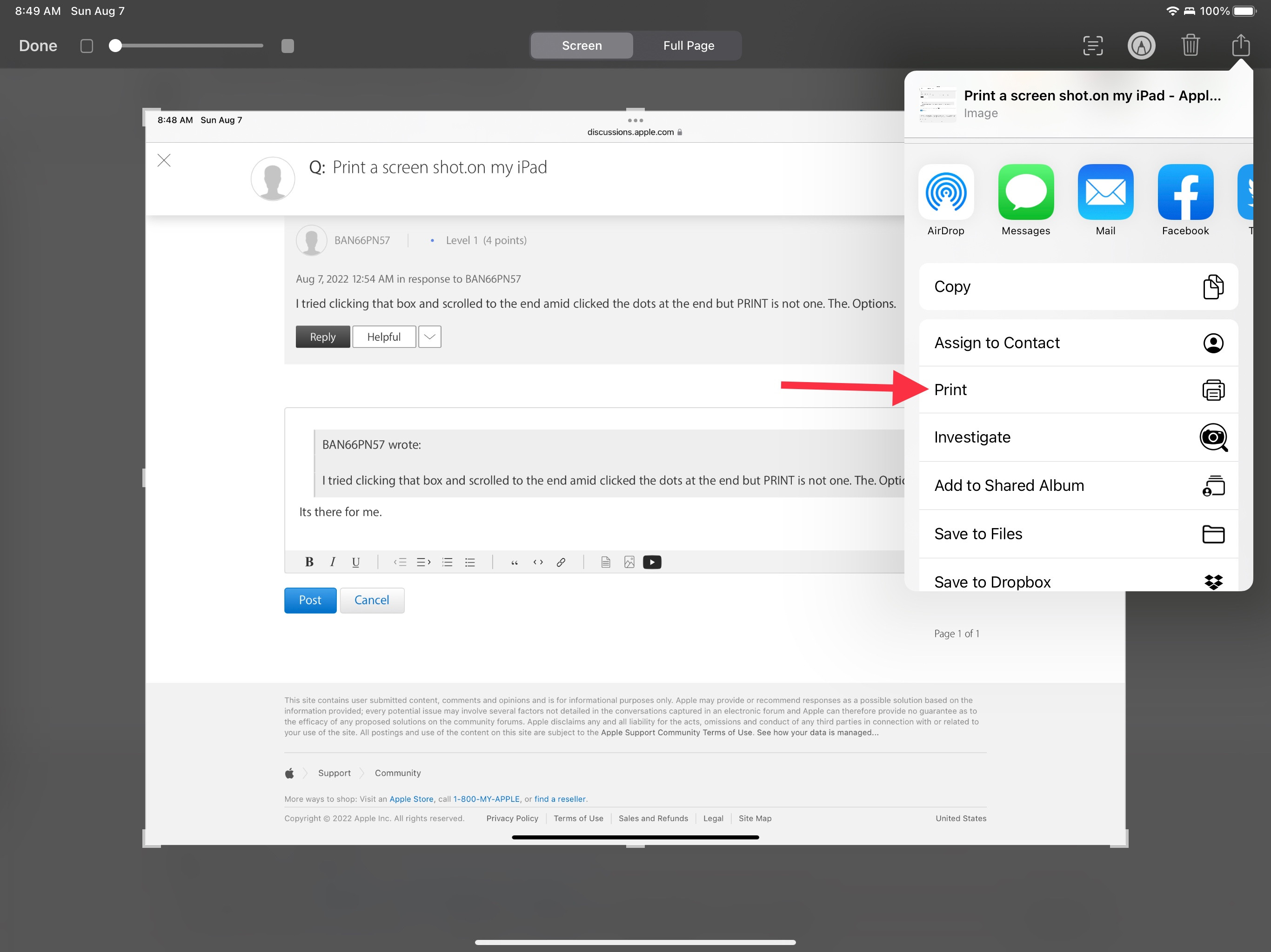 iPad Share Icon leading to the print option