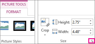 Dialog Box launcher in the Size group on the Picture Tools Format tab, leading to advanced size options including scaling.