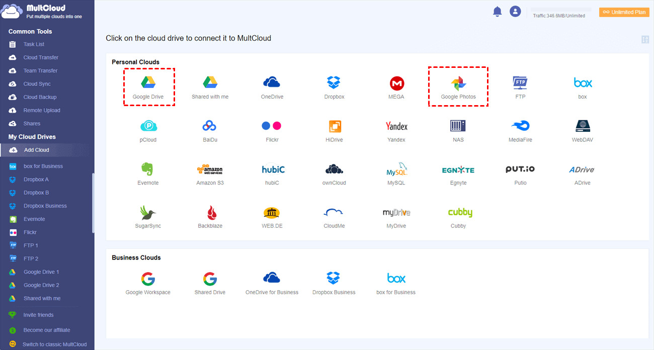 Screenshot showing the &quot;Add Cloud&quot; option in MultCloud and selection of Google Drive and Google Photos