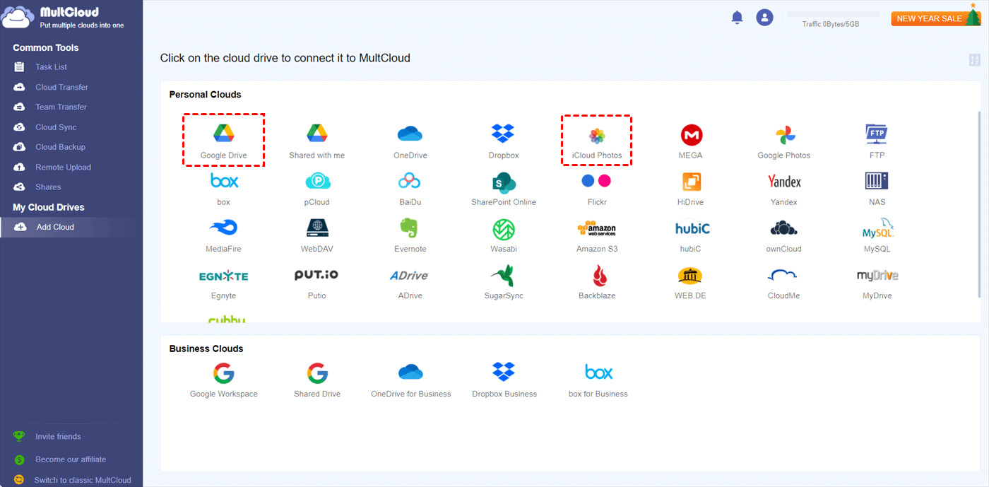 Add iCloud Photos and Google Drive to MultCloud for Backup