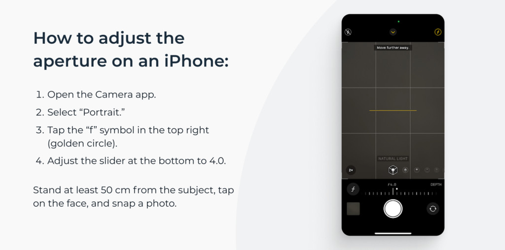 Visual guide showing how to adjust the aperture settings on an iPhone camera for taking passport photos with improved depth of field.