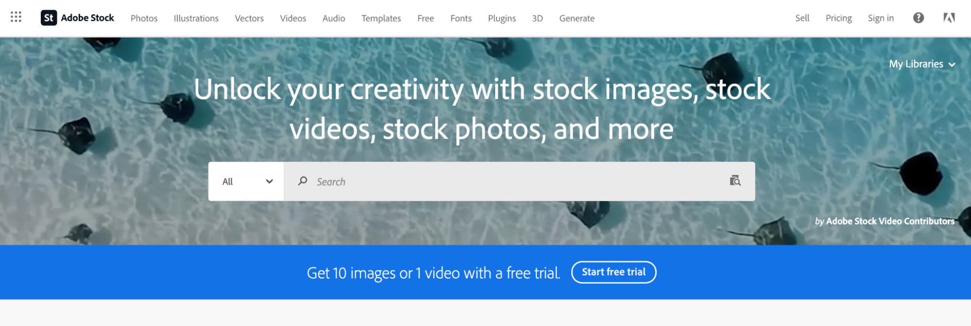 Adobe Stock homepage with stingrays photo and search bar for stock assets.