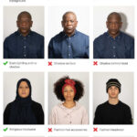 Passport photo guidelines for adults illustrating acceptable and unacceptable digital photograph examples