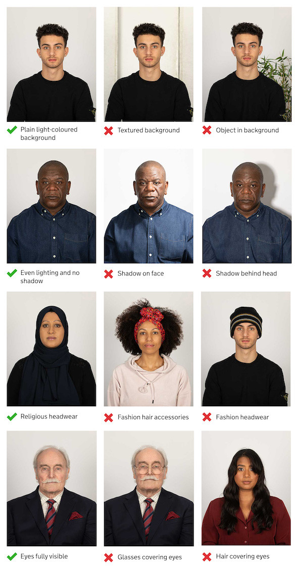 Passport photo guidelines for adults illustrating acceptable and unacceptable digital photograph examples