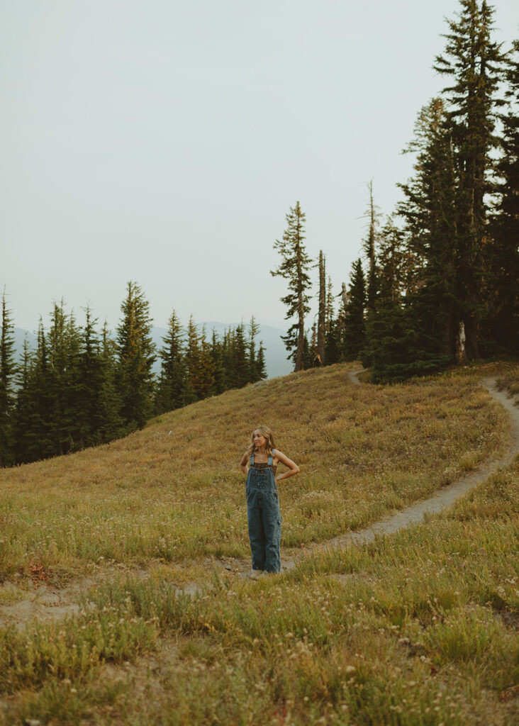 Oregon senior portrait of girl in overalls