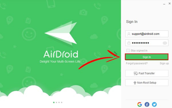 AirDroid Personal Desktop Login Screen