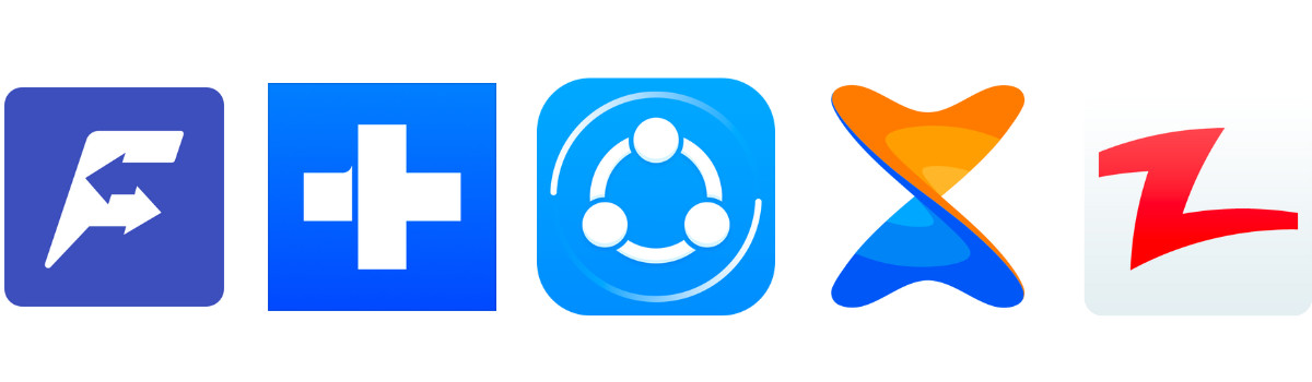 Collage of app icons for SHAREit, Zapya, Xender, Move to iOS, Copy My Data, and Dr.Fone, representing app-based transfer solutions.