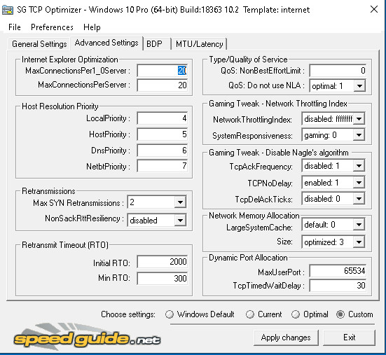 TCP Optimizer settings for a balanced gaming experience across various game types, old and new.