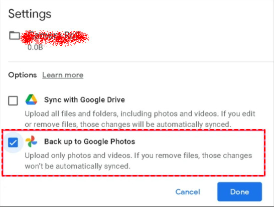 Screenshot of Google Drive for Desktop settings with &quot;Back up to Google Photos&quot; option ticked