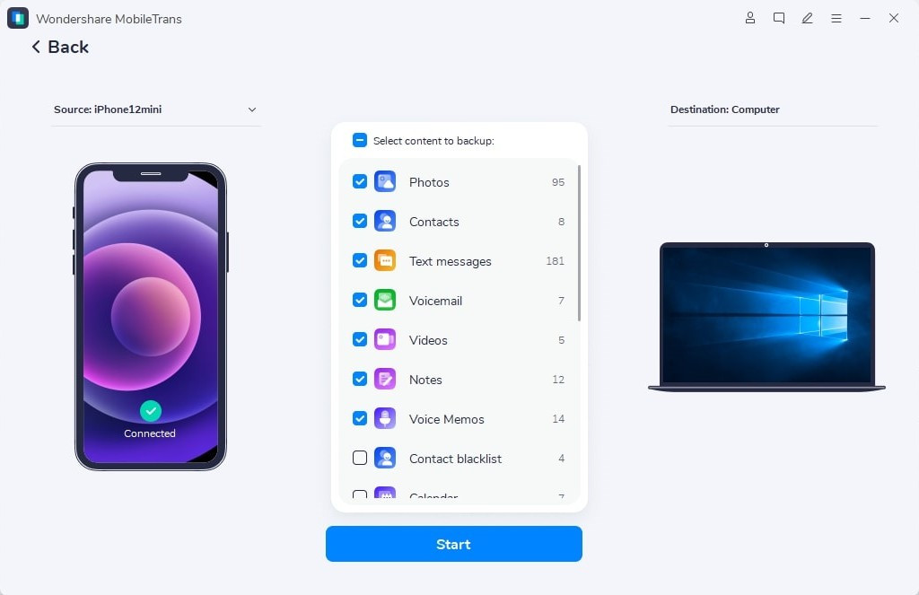 Selecting photo files for iPhone to Mac transfer in MobileTrans
