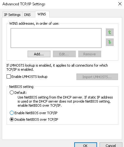 Disabling NetBIOS over TCP/IP and LMHOSTS lookup in advanced TCP/IP settings for security and performance.