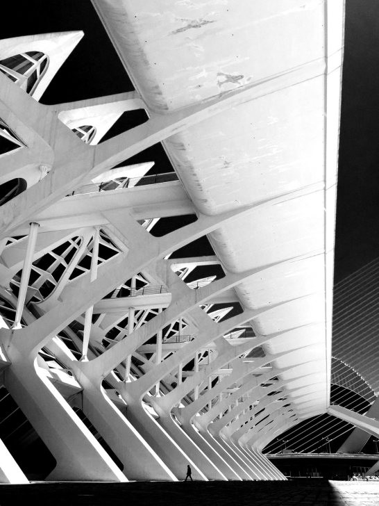 Black and white image of a small figure standing in front of a massive structure, evoking a sense of scale and story