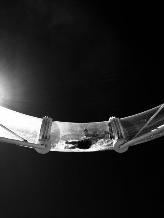 Black and white action shot of a person jumping, frozen in mid-air using burst mode