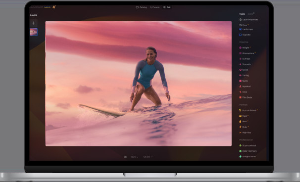 Luminar Neo photo editing software for Mac shown on a laptop