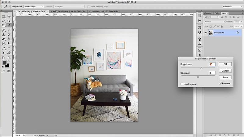 Adjusting brightness and contrast in Photoshop to enhance photo lighting